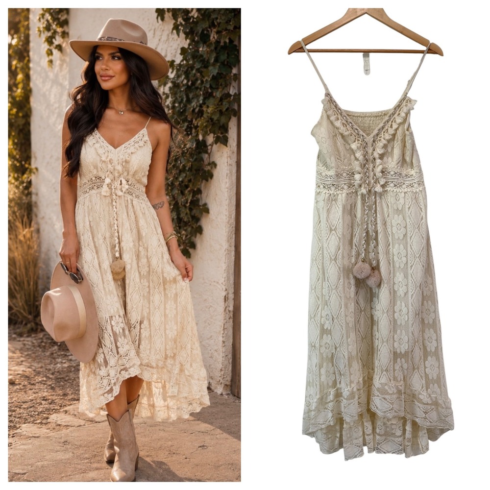 Boho Crochet Lace Midi Dress With Tassels M Cream Oyster White Western Country